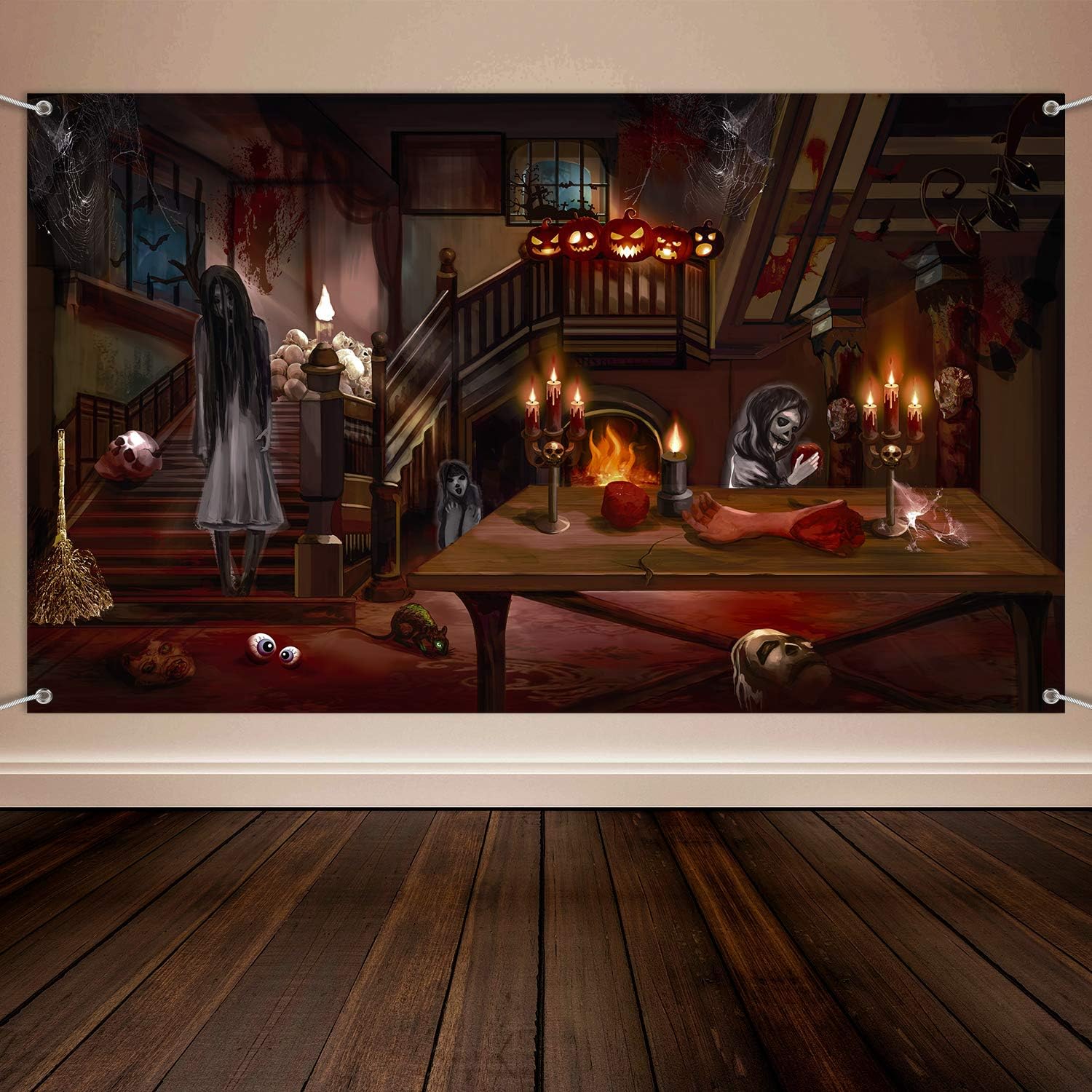 Halloween Scene Setter, Haunted House Backdrop Banner Supplies, Halloween Party Decorations Haunted Scenic Background Photo Banner, 72.8 x 43.3 Inch