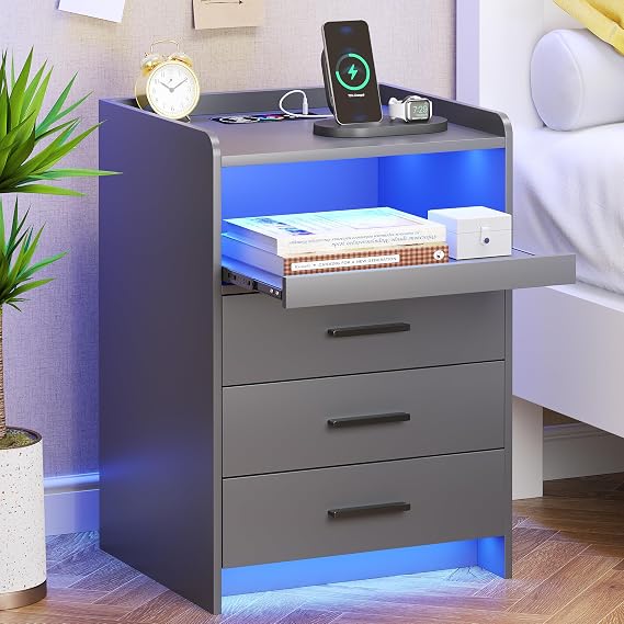 FREDEES Bedside Table with Charging Station and LED Lights, Grey | 3 Drawers, Modern Nightstand, Storage for Bedroom, Living Room, Pull-out Tray