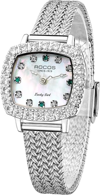ROCOSJEWE Luxury Silver Diamond Ladies Watch for Women, Square Quartz Wrist Watch with Natural Mother-of-Pearl Dial, Elegant Small Dial, Premium Branded Womens Watch, Gift for Women R0264