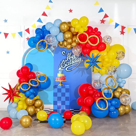 Cartoon Hedgehog Carnival Balloon Arch Kit, Circus Carnival Birthday Party Decorations with 283PCS Red Blue Yellow Sequined Rings Explosion Balloons for Cartoon Circus Theme Party Decorations