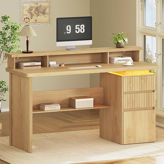 RALGEND 59" Fluted Executive Desk, Office Desk with Drawers