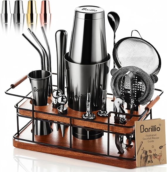 Barillio Black Bartender Kit 23-Piece Stainless-Steel Cocktail Shaker Set with Premium African Mahogany Stand | Martini Barware Mixing Tools for Home Bartending | Gift Set