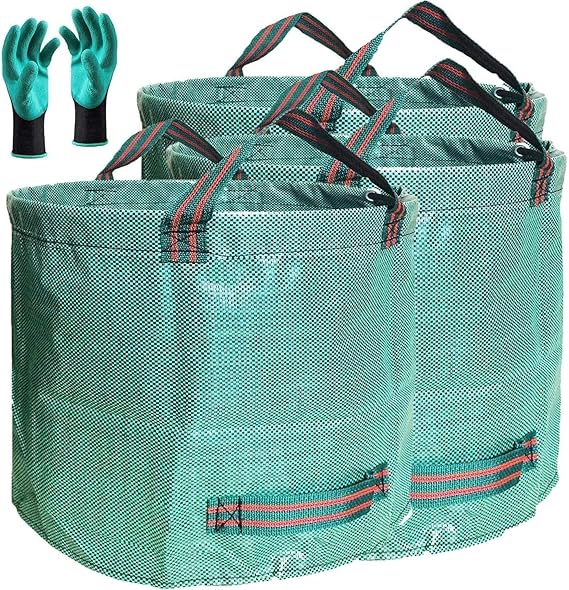 Professional 3-Pack 80 Gallon Lawn Garden Bags (D26, H33 inch) Reusable Yard Waste Bags with Gardening Gloves for Leaf Bag,Garden Pruning,Yard Debris Container,Lawn Grass Clippings,Weeds Bag 4 Handles