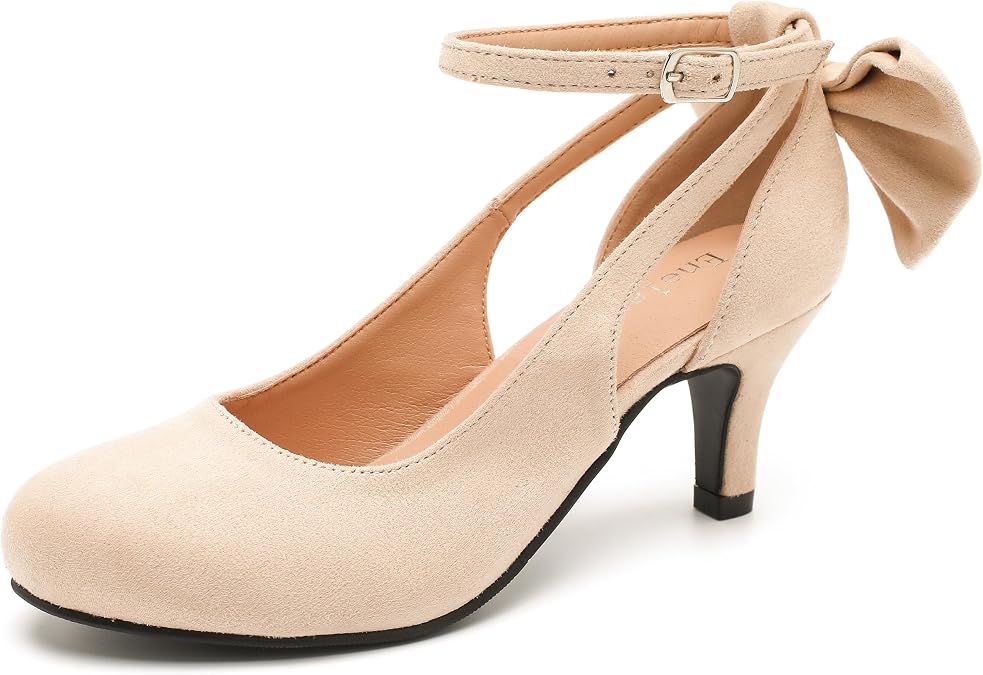 Women's Kitten Heel Pumps with Bow Ankle Strap Buckle Closed Toe Comfortable Vintage Wedding Evening Party Dress Office Work Church Shoes