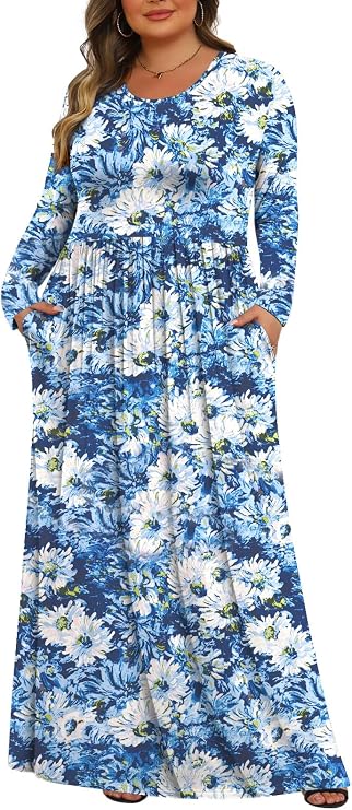 Tencede Womens Plus Size Maxi Dresses Long Sleeve with Pockets Casual Long Dress 1X-5X