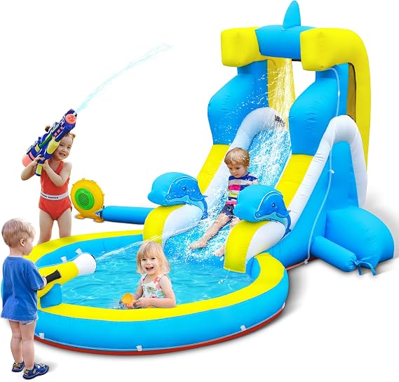 TOAOB Inflatable Water Slide: 4 in 1 Bounce House Water Park Dolphin Style for Kids - Climbing Wall Splash Pool Water Cannon - 370W Blower - Wet & Dry Indoor Outdoor Backyard Birthday Party