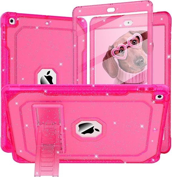 ZoneFoker Case for iPad Air 2 Case, for iPad 6th/5th Generation 2018/2017, for Apple iPad 9.7 inch with Screen Protector/Stand, Glitter Hot Pink Full-Body Coverage Slim Cover for Girls Women Kids | for Apple iPad 9.7 inch with Screen Protector/Stand, Glitter Hot Pink Full-Body Coverage Slim Cover for Girls Women Kids