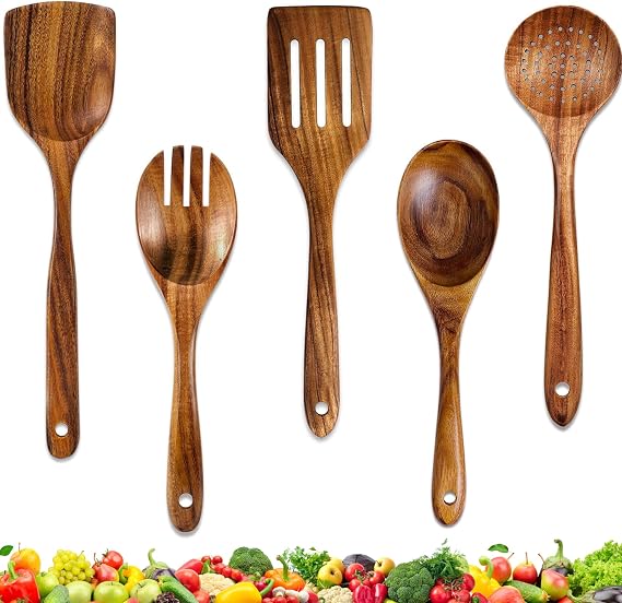 ACMETOP Wooden Spoons for Cooking, 4 Pcs Natural Teak Kitchen Utensil Set, Wooden Cooking Utensils Set for Nonstick Pans & Cookware