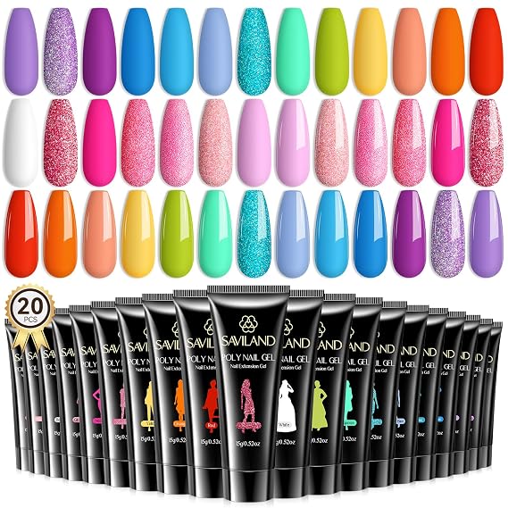 SAVILAND Hema-Free Poly Gel Nail Colors: 20 Colors Nail Extension Gel Kit Bright Rainbow Pink Purple Blue Color Collection Poly Gel Nail Kit for Daily Nail Art DIY Nail Salon Gift for Girls