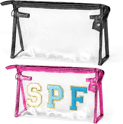 Preppy Patch Cosmetic Bags - 2Pcs Summer SPF Chenille Varsity Letter Golden Toiletry Bag Black Large Clear Waterproof Portable Makeup Bag Clutch Purse Travel Beach Bag for Women Girls