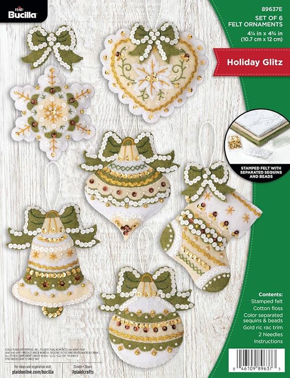 Bucilla Felt Applique 6 Piece Ornament Making Kit, Holiday Glitz, Perfect for DIY Arts and Crafts, 89637E