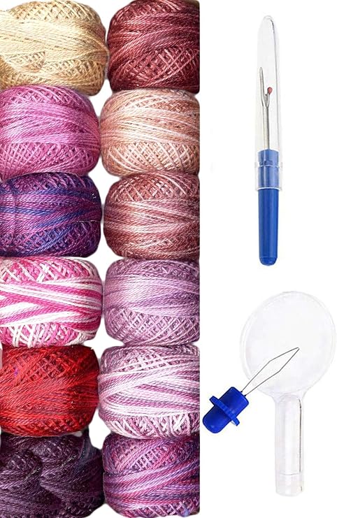 Valdani Embroidery Thread Perle Cotton Size 8 Hand-Dyed PC8-RiverGHolly | River Gallery Hollyhocks Collection, 12 Ballss, with Seam Ripper and Needle Threader