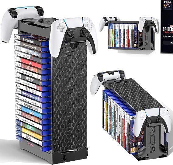 Video Game Storage Tower Holder With Controller Stand Wall Mounted Game Organizer Storage for Nintendo Switch 2/ PS5/4/ Xbox One/Series Vertical & Horizontal Stand 20 Game Discs for Accessories