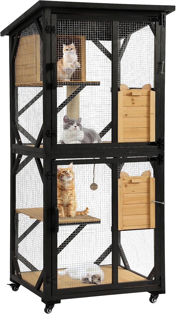 Grepatio Catio Outdoor Cat Enclosure Outside Wooden Cat House with Weatherproof Large Cat Cage Condo Outdoor Playpen with Platform and Sleep House Cat Scratching Board & Ball (Black)