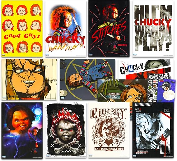 Chucky Posters for Room Decor - 12 Pc Bundle for Teens Adults | 8.5" x 11" Child's Play Horror Wall Art Posters Set Plus Stickers - Chucky Doll Slasher Movie Halloween Party Decorations