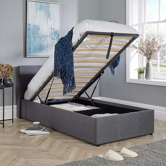 Home Source Single 3ft End Gas Lift Fabric Ottoman Storage Bed, Grey
