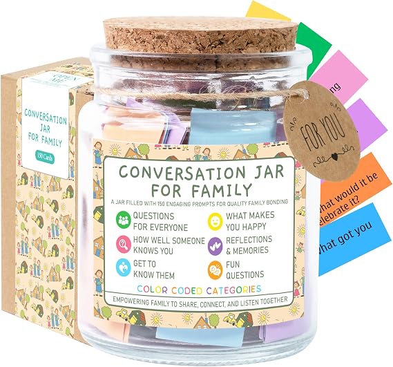 Family Conversation Cards in Jar, 150 Fun & Deep Conversation Starter Cards for Kids, Teens, Adults -Disconnect from Screens & Bond with Loved Ones- Question Games,Road Trip, Dinner Table Topics