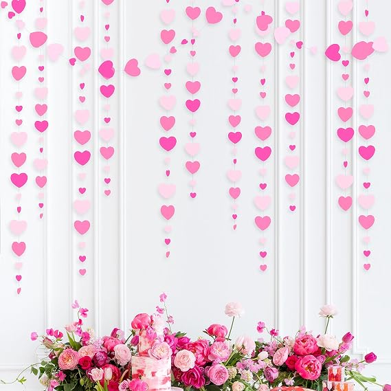 52Ft Hot Pink Love Heart Garland Rose Pink Hanging Paper Streamer for Birthday Wedding Baby Bridal Shower Anniversary Bachelorette Engagement Mother's Day Valentine Minnie Flamingo Theme Party Decor