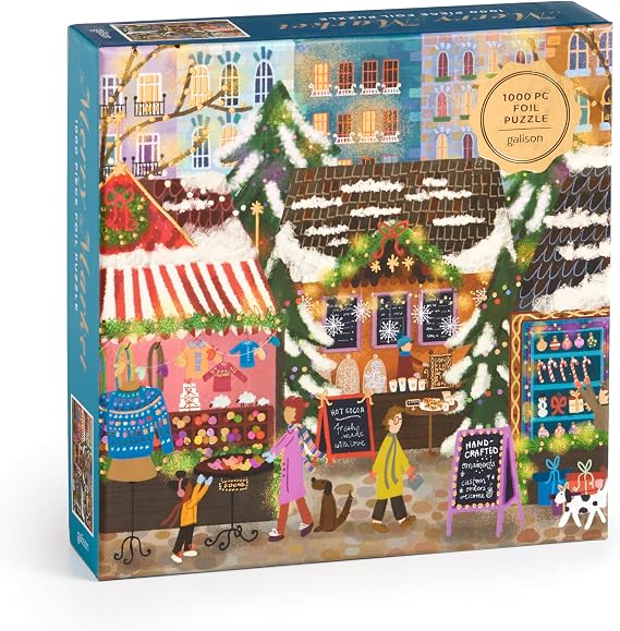 Galison - Merry Market 1000 Piece Jigsaw Puzzle with Foil for Adults | Illustrated by Joy Laforme, Holiday, Festive, Gold Accents, Challenging, Recycled Paper, No Dust, Finished Size 27" x 20"
