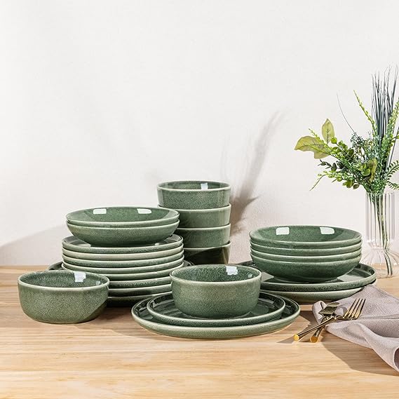 GBHOME Dinner Set for 6, 24 Piece Stoneware Set - Round Reactive Glaze Plates & Bowls, Highly Chip and Crack Resistant | Dishwasher and Microwave Safe Crockery Set