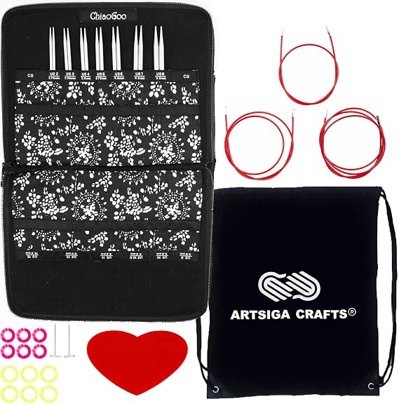 ChiaoGoo Twist Red Lace 4-inch Small 7400-S Interchangeable Set | US 2, 3, 4, 5, 6, 7, 8, Circular Knitting Needles, Stainless Steel, 3 Cables, Project Bag