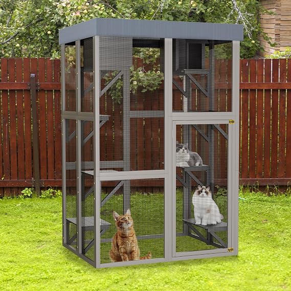 70.5" Tall Wooden Catio Outdoor Cat Enclosure, Large Cat House Playpen with 6 Jumping Platforms & 2 Napping Houses, Movable Tarp Cover,Gray