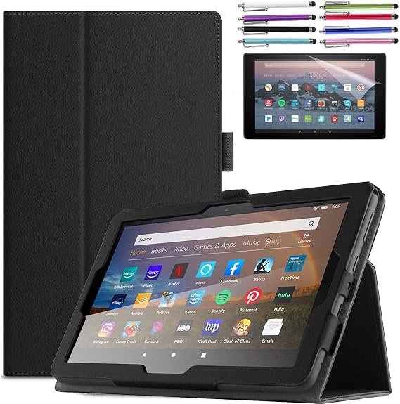 Case for Amazon Fire HD 10 Tablet 10.1" Inch Display (13th Generation, 2023 Released) - Slim Lightweight Folio Stand Cover PU Leather Case + 1 Screen Protector and 1 Stylus (Black)