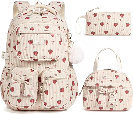 Fimibuke 3PCS Corduroy Backpack for School Girls with Lunch Box Pencil Case | Lightweight Teen Girls Bow backpack, Kids School Bag Bookbag for Elementary Middle High School Supplies Laptop Travel Daypack