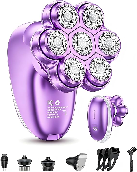 5-in-1 Electric Razors for Women, 7D Magnetic Heads Full Body Shaver, Waterproof Wet Dry Hair Remover with LED Display, Rechargeable Bikini Trimmer for Underarms, Face, Legs, Lips, Arms (Purple)