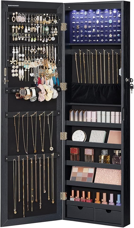 SONGMICS 6 LEDs Mirror Jewelry Cabinet, 47.2-Inch Tall Lockable Wall or Door Mounted Jewelry Armoire Organizer with Mirror, 2 Drawers, 3.9 x 14.6 x 47.2 Inches, Black UJJC093B01