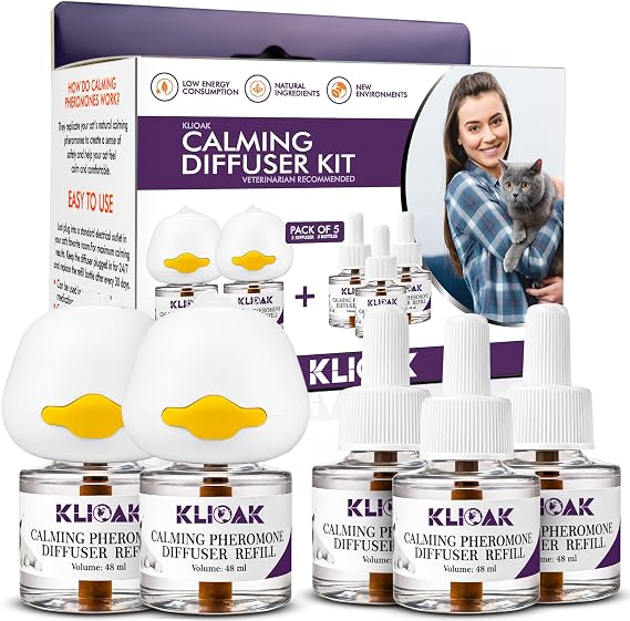 Cat Calming Diffuser 5 Pack Includes 2 Diffusers Machines & 3 Refills Pheromone Plug-In for Cats Reduce Anxiety Aggression Stress Scratching & Spraying Long Lasting Calming Diffuser Kit for All Cats