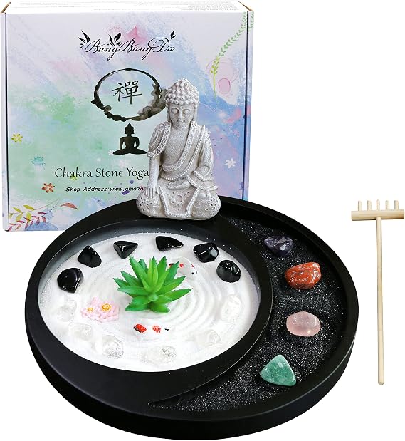 Meditation Buddha Zen Garden Accessories Japanese Desktop Rock Garden with Healing Crystal Stones Shine Altar Sand Tray Therapy Kit Decor Office Home Stress Relief Spiritual Decor Zen Healing Gifts