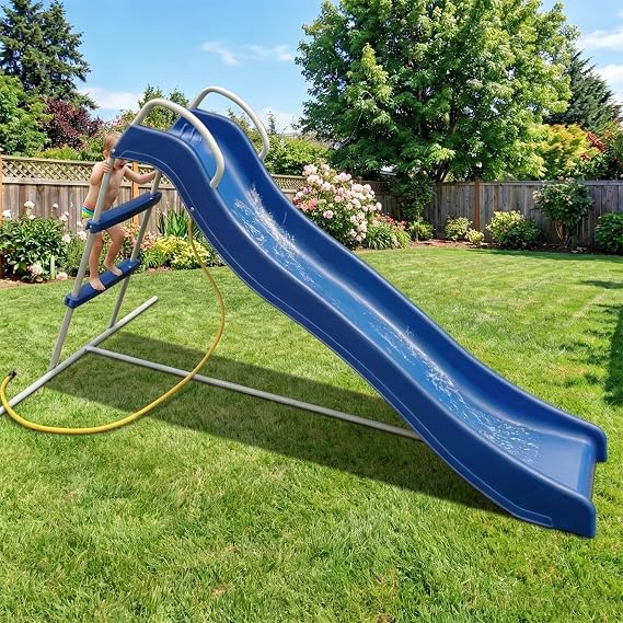 5.9 FT Kids Slide Outdoor, Freestanding Slides with Metal Climbing Ladder, Big Backyard Water Slide with High Guardrails, Playground Equipment for Garden, Lawn, Indoor (Blue