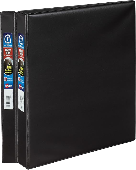 Avery Heavy-Duty 3 Ring Binders, 1 Inch One Touch EZDTM Rings, 2 Black Binders (46047)