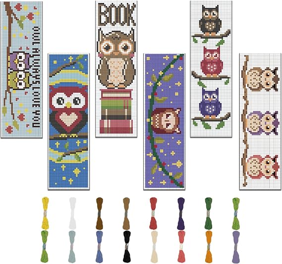 FREEBLOSS 6 Set Bookmark Cross Stitch Kits with Instructions Owl Pattern Punch Needle Kit for Beginners Bookmark Making Kit for Gift