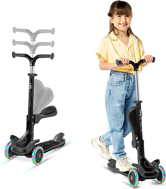 Lifemaster children's scooter – foldable seat – roll and LED wheel lights on – children's and toddlers 3-wheel kick scooter – adjustable handlebars – indoors and outdoors – Lifemaster