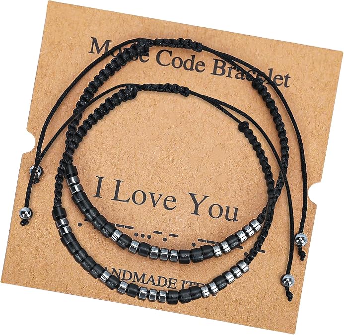 Morse Code Bracelets for Women Men, String Bracelets, Inspirational Bracelets Gifts for Couples Mom Daughter Best Friend Adjustable bracelets with Black Hematite Beads