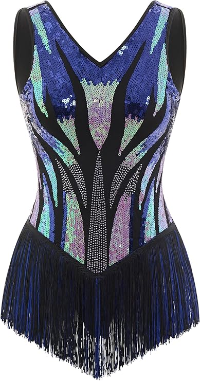 IBAKOM Women Sexy Fringe Bodysuit Open Back Sparkly Sequins Tassel Latin Jazz Dance Outfits Trapeze Acrobat Circus Costume
