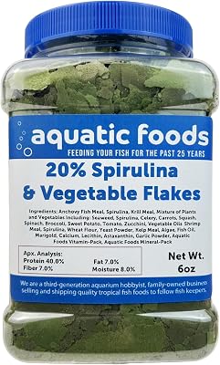 Aquatic Foods Inc. Vegetable & 20% Spirulina Plus Enhanced Premium Flakes. Aquatic Foods Premiun Flakes...6oz Med Jar