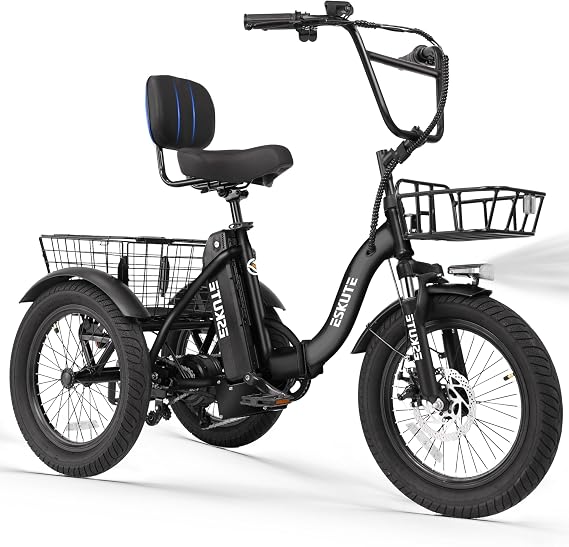 ESKUTE E Trike Electric Bike, Peak 1200W Brushless Motor Folding Trike 18X3.0 Fat Tire Ebike, 624Wh Removable Battery, Step-Thru 3 Wheel Electric Bicycle, Up to 55 Miles, 18MPH+ Tricycle for Adults