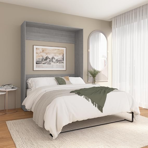 Bestar Claremont Queen Size Murphy Bed in Platinum Gray, Space-Saving Sleeping Arrangement for Multipurpose Area, Bedroom, or Guest Room | Dual piston mechanism; for guest room or multipurpose space