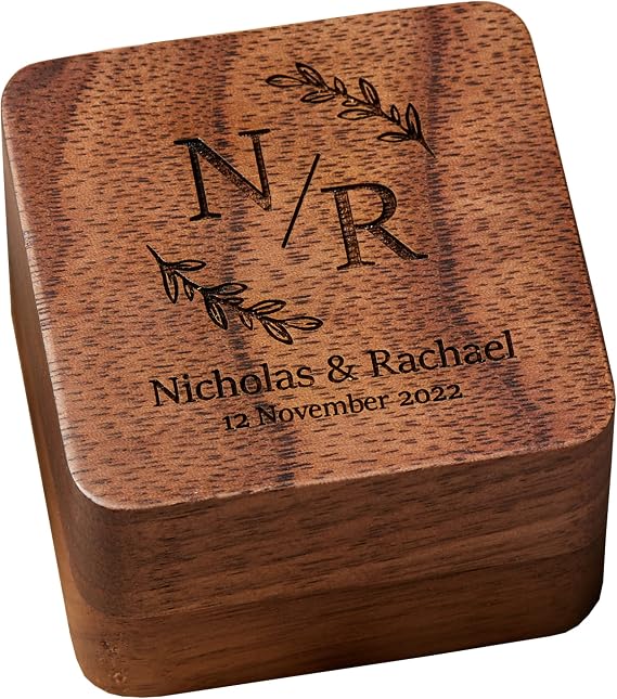 Personalised Wedding Ring Box Holder for 2 Rings With Initials and Leaf
