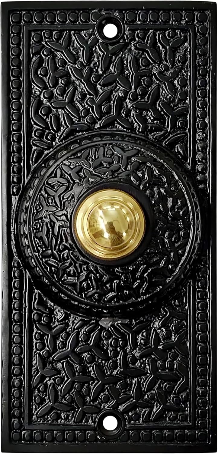 A29 Decorative Wired Doorbell Push Button in Cast Iron – 5 x 2 38 – Antique Black Powder-Coated Finish Doorbell in Surface Mount, Standard 2-Wire Hardwired Chimes Compatible, Easy DIY Installation