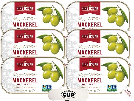 King Oscar Skinless & Boneless Mackerel Fillets in Olive Oil 4.05 oz Pack of 6 with By The Cup Toothpicks