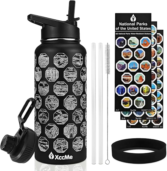 32oz Stainless Steel National Parks Water Bottle with Stickers | Insulated Water Bottle with Straw,2 Lids,Leak Proof Metal Water Cup for Hiking,Travel,Sports,Camping,Wide Mouth Bottle