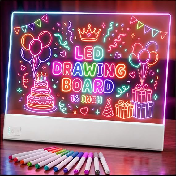 LED Note Board,15.5 Inch Rechargeable LED Drawing Board for Kids, 7 Colors Acrylic Dry Erase Board with Light, Stand and 12 Markers for Home, Office, Birthday and Christmas
