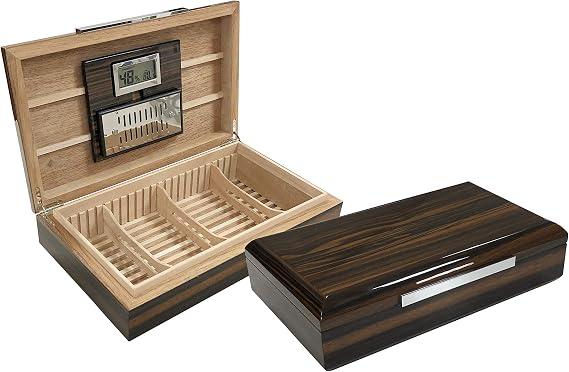 Vanderbilt Desktop High Lacquer Low Profile Cigar Humidor w/Aerator Grate & Slide & Lock Dividers - Holds Up to 120 Capacity - Color: Ebony