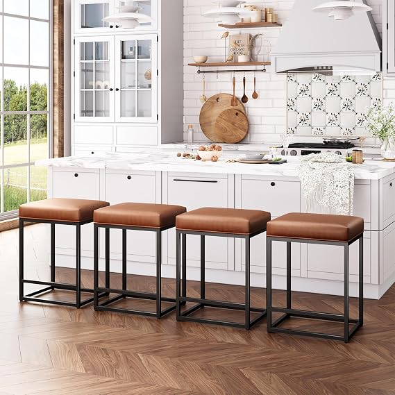 ALPHA HOME 24 Inch Counter Height Bar Stools Set of 4, Brown | Modern Barstools, Metal Bar Stool for Kitchen Island, Faux Leather Countertop Stools