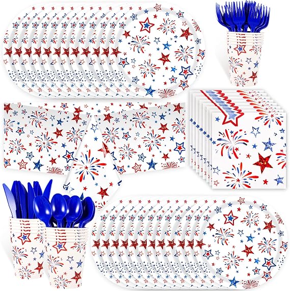 HOWAF 117pcs 4th of July Tableware Set, Red White Blue Star Paper Plates and Napkins Sets Independence Day Tablecloth Disposable Dinnerware America Patriotic Firework Paper Cups Forks Supplies