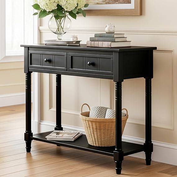 P PURLOVE Console Table Sideboard Wooden Sofa Table with 2 Drawers and Bottom Shelf (Black)